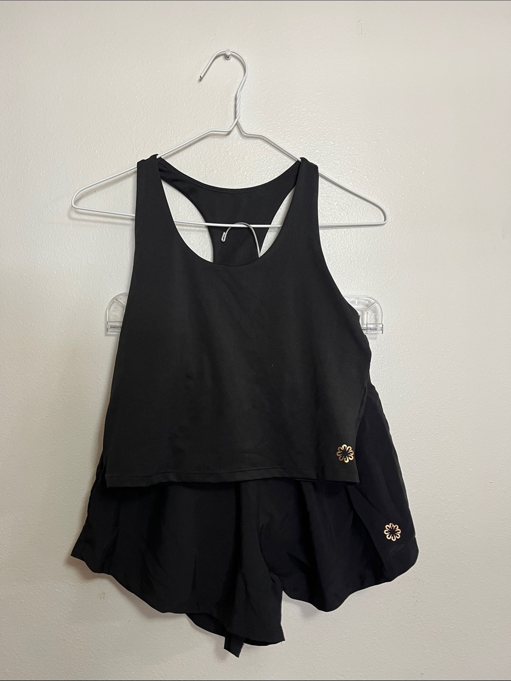 Black Racerback Layered Tank and short set with Subtle Flower Accents
